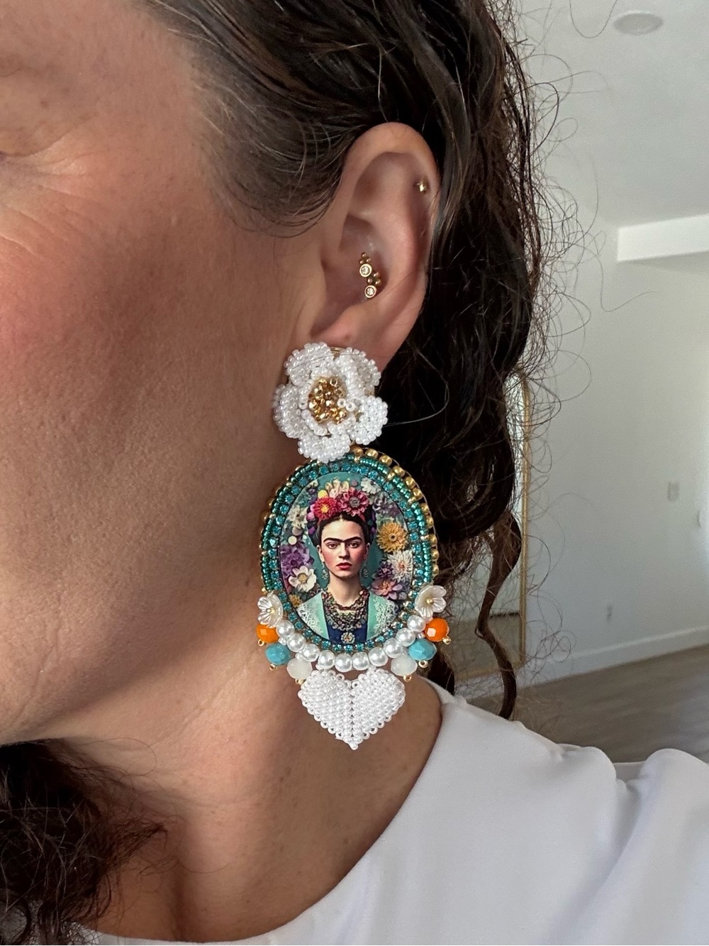 Frida-Inspired Beaded Statement Earrings in White and Turquoise